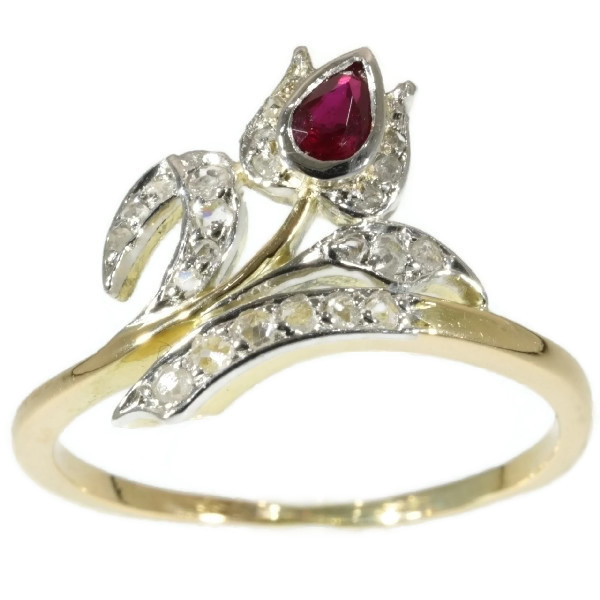 Elegant antique Victorian ring tulip motif with rose cut diamonds and ruby